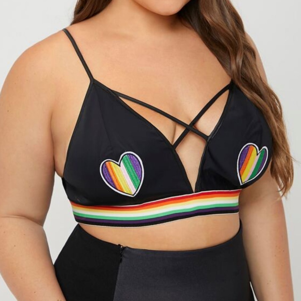 Rainbow Heart Patched Striped Criss Cross Crop Cami Bra Top